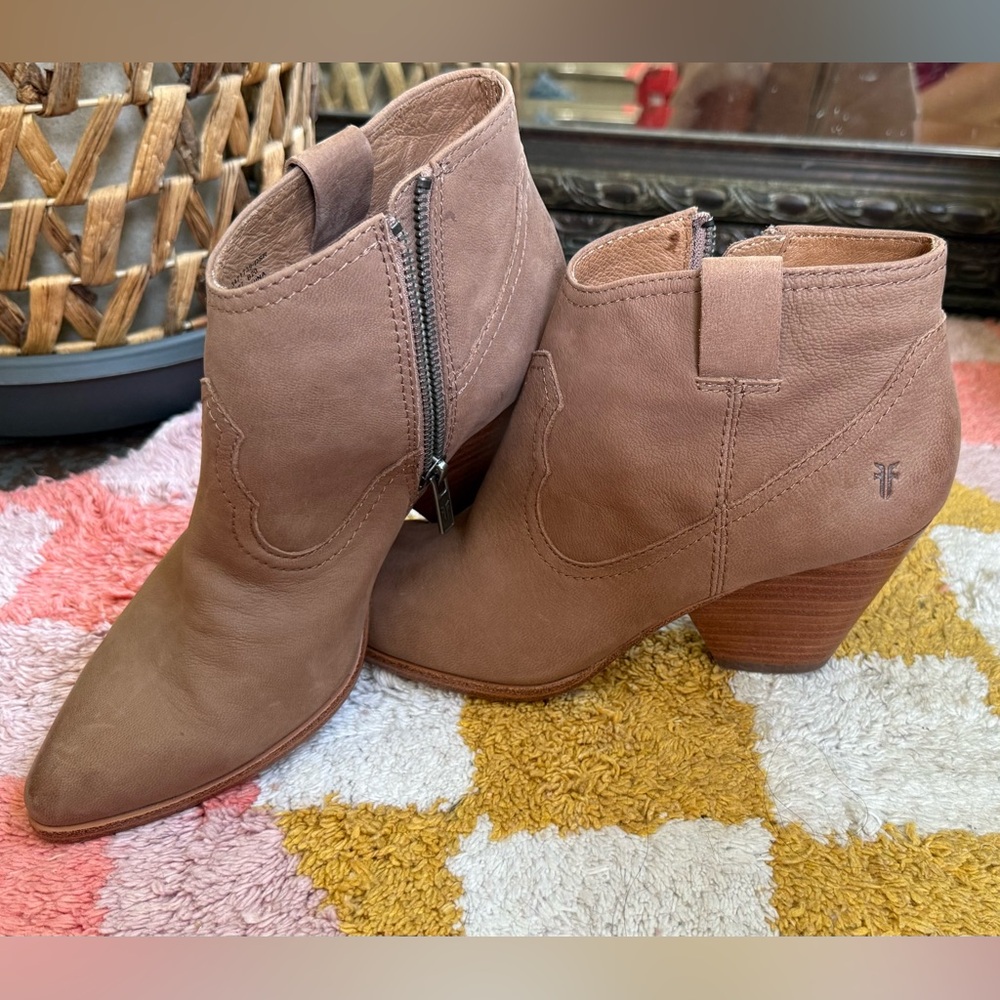 Frye Tan Ankle Booties with Block Heel